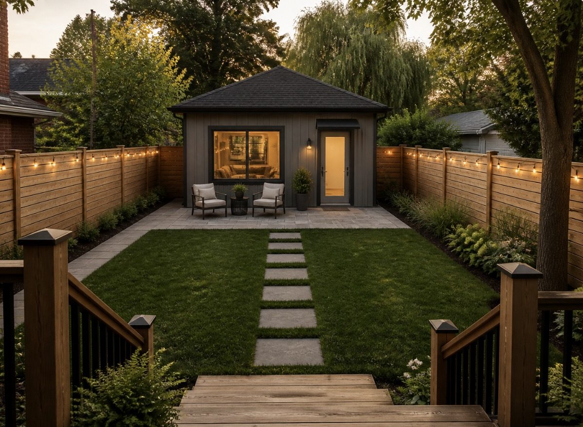 Design rendering of a backyard suite at dusk, seen from the deck across the lawn