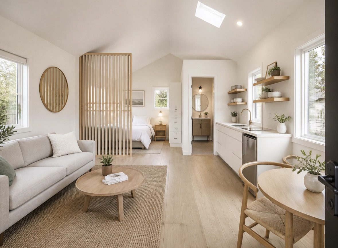 Design rendering of a bright studio interior with a living area, slatted wood divider and kitchenette