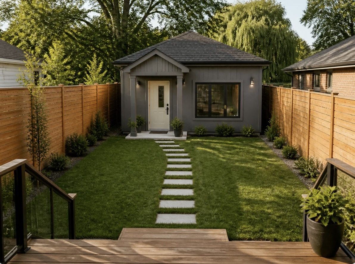 Design rendering of a backyard suite with a covered porch, seen from the deck