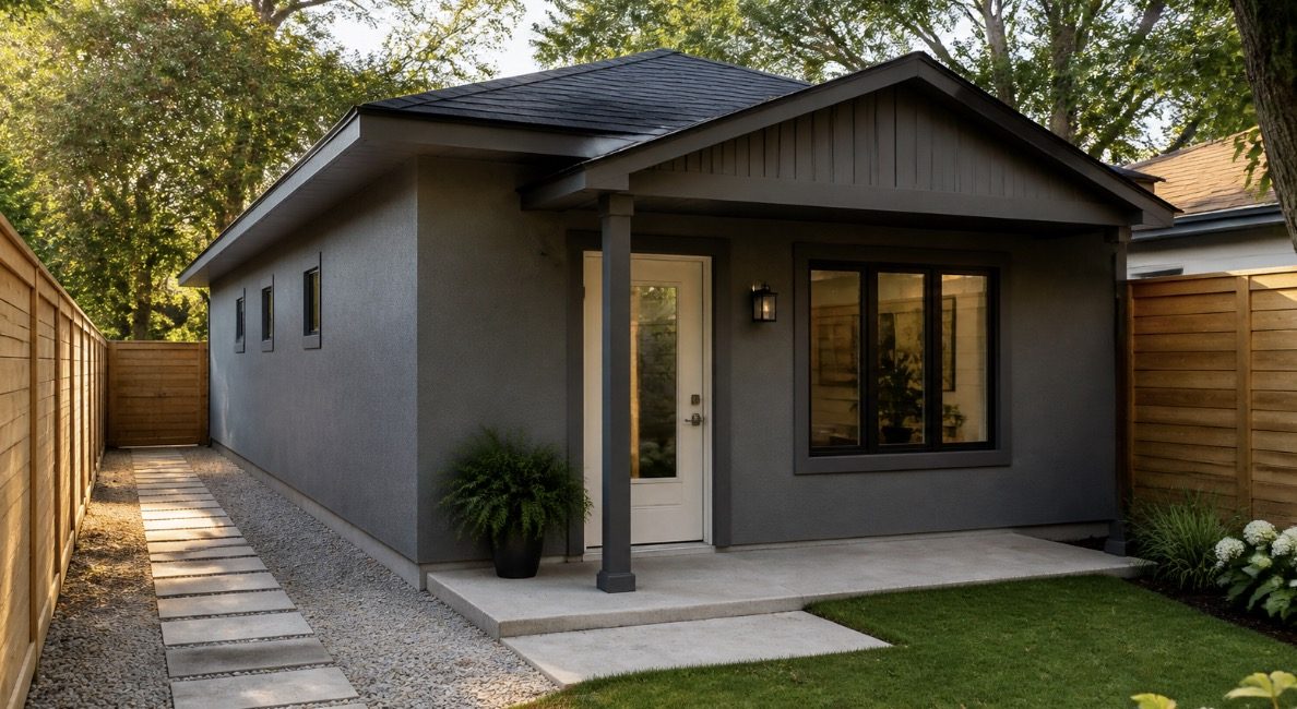 Rendering of the backyard suite with dark stucco walls and a gabled porch, seen from the side