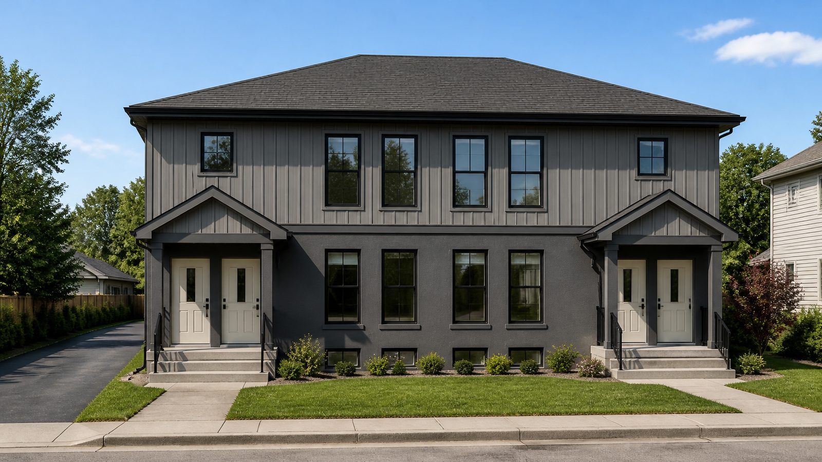 Design rendering of a two-storey semi-detached home with grey siding upstairs and dark stucco below